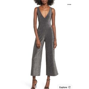 LEITH "Night Out" Metallic Silver Glitter Cropped Jumpsuit Size Medium
